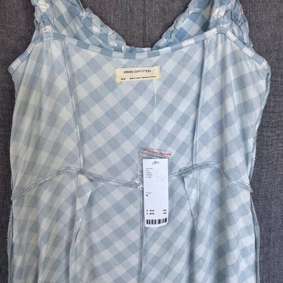 Urban Outfitters Sky Blue Ivory Gingham Print Elastic Spaghetti Strap Jumpsuit - Picture 9 of 14